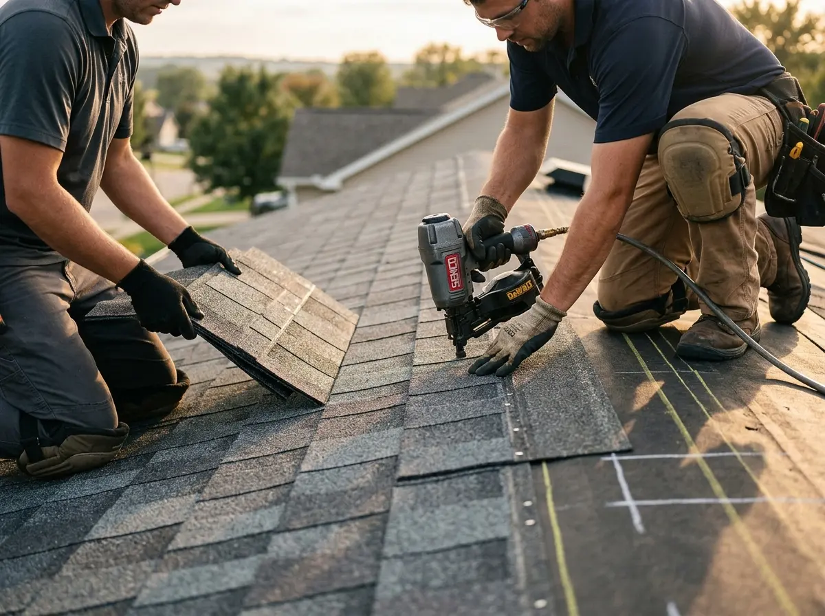 Professional roofer working on a residential roof in Manistee